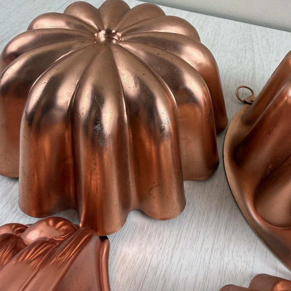 4 Vtg Copper Aluminum Jello Cake Molds Wall Hanging Fruit Basket Bunt Hobnail